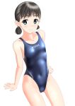  1girl absurdres black_hair blue_eyes blue_swimsuit breasts clothes_writing competition_swimsuit covered_navel highleg highleg_swimsuit highres low_twintails one-piece_swimsuit original short_hair simple_background sitting small_breasts solo swimsuit takafumi twintails white_background 
