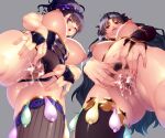  2girls 846-gou absurdres armlet ass_visible_through_thighs bangs bare_shoulders black_hair black_legwear black_swimsuit blush bracelet breasts breasts_outside bridal_gauntlets censored condom covered_navel cum cum_in_pussy detached_sleeves earrings eyebrows_visible_through_hair fate/grand_order fate_(series) female_pubic_hair flower from_below gold_trim hair_flower hair_ornament hair_ribbon hair_up highleg highleg_swimsuit highres hoop_earrings ishtar_(fate) ishtar_(fate)_(all) jewelry large_breasts long_hair looking_at_viewer looking_down mosaic_censoring multiple_girls murasaki_shikibu_(fate) murasaki_shikibu_(swimsuit_rider)_(fate) navel nipples one-piece_swimsuit open_mouth parted_bangs perspective pubic_hair purple_eyes purple_hair pussy red_eyes ribbon single_detached_sleeve single_thighhigh smile spread_pussy sweat swimsuit thighhighs thighlet thighs tiara tied_hair two_side_up used_condom 