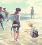  armin_arlert bare_shoulders beach black_hair blonde_hair butter_squid character_request eren_yeager from_behind high_ponytail mikasa_ackerman ocean pants pants_rolled_up paradis_military_uniform partially_submerged red_scarf sand scarf seashell shell shingeki_no_kyojin shirt shore short_hair sky sleeves_rolled_up squatting water waves white_shirt 