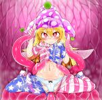  1girl :3 american_flag_legwear american_flag_shirt blonde_hair blue_panties blush closed_mouth clownpiece consensual_tentacles flag_print hands_up hat heart heart-shaped_pupils highres jester_cap looking_at_viewer navel panties red_eyes sitting smile solo sweat swimsuit symbol-shaped_pupils tentacle_pit tentacles tentacles_under_clothes touhou underwear yassy 