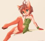  1girl absurdres ancesra animal_ears animal_nose antenna_hair arm_support artist_name bangs bare_shoulders barefoot beige_background blush body_fur brown_hair collarbone commentary deer_ears deer_girl deer_tail dress elora_(spyro) english_commentary flat_chest furry furry_female green_dress green_eyes happy highres hooves leaf_clothing leaning_back leg_up light_blush looking_at_viewer no_panties open_mouth patreon_username red_fur shiny shiny_hair short_dress short_hair sidelocks simple_background sitting smile solo spyro_(series) strapless strapless_dress tail tongue two-tone_fur watermark web_address white_fur wristband 