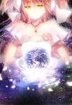 1girl breasts cleavage_cutout closed_mouth clothing_cutout collarbone cupping_hands dot_nose earth_(planet) eyebrows_visible_through_hair flat_chest floating_hair flower giant giantess gloves glowing glowing_petals hair_between_eyes hair_ribbon half-closed_eyes highres jewelry kaname_madoka layered_sleeves light_particles light_smile long_hair looking_at_viewer mahou_shoujo_madoka_magica nebula necklace petals pink_flower pink_hair pink_rose planet raicy ribbon rose sky small_breasts solo space sparkle star_(sky) starry_sky two_side_up ultimate_madoka very_long_hair white_gloves white_ribbon wide_sleeves yellow_eyes 