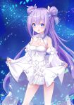  1girl :d absurdres armpits azur_lane bangs blue_eyes blurry bow bowtie breasts cleavage clothes_lift collarbone commentary_request depth_of_field detached_collar detached_sleeves double_bun dress dress_lift eyebrows_visible_through_hair galaxy hair_between_eyes highres leer.meer lifted_by_self long_hair looking_at_viewer night night_sky official_alternate_costume open_mouth purple_hair sidelocks sky smile solo star_(sky) starry_sky unicorn_(azur_lane) unicorn_(little_star_songstress)_(azur_lane) white_dress 