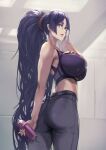  1girl absurdres arm_behind_back ass bare_shoulders bottle breasts fate/grand_order fate_(series) high-waist_pants high_ponytail highres holding holding_bottle indoors large_breasts long_hair looking_at_viewer looking_back midriff minamoto_no_raikou_(fate) open_mouth pants purple_eyes purple_hair purple_scrunchie scrunchie solo sports_bra sportswear sweat towel very_long_hair water_bottle white_towel wiping_sweat yasu_(segawahiroyasu) yoga_pants 