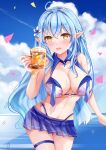  1girl :d ahoge alcohol bangs bare_arms bare_shoulders beer bikini bikini_top blue_flower blue_hair blue_skirt blue_sky blush braid breasts brown_eyes cloud cloudy_sky commentary_request confetti cup day eyebrows_visible_through_hair flower hair_between_eyes hair_flower hair_ornament heart_ahoge highres holding holding_cup hololive horizon large_breasts long_hair looking_at_viewer mug multicolored_hair mutang navel ocean open_mouth outdoors pleated_skirt pointy_ears skindentation skirt sky smile solo streaked_hair swimsuit thigh_strap very_long_hair virtual_youtuber water white_bikini white_flower yukihana_lamy 