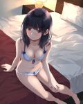  1girl bare_arms bare_shoulders bed black_hair blue_bra blue_panties bra breasts collarbone frilled_bra frilled_panties frills front-tie_bra front-tie_top hand_on_own_knee highres long_hair looking_at_viewer navel original panties pillow purple_eyes sitting small_breasts solo symbol-only_commentary unasaka_ryou underwear underwear_only 