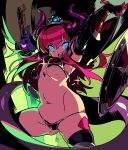  1girl absurdres armor ass_visible_through_thighs bikini bikini_armor blue_eyes breasts cowboy_shot curled_horns dragon_horns dragon_tail elbow_gloves elizabeth_bathory_(brave)_(fate) elizabeth_bathory_(fate)_(all) fate/grand_order fate_(series) gloves highres himukai_yuuji horns long_hair navel open_mouth pauldrons pink_hair red_armor red_bikini shield shoulder_armor sketch small_breasts solo sparkle swimsuit sword tail vambraces wardrobe_malfunction weapon 