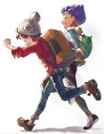  2boys :d bag bangs beanie black_shirt blue_jacket brown_footwear brown_hair cable_knit closed_eyes colorized commentary_request dark-skinned_male dark_skin denim duffel_bag fur-trimmed_jacket fur_trim green_bag grey_headwear hat hop_(pokemon) jacket jeans leg_up male_focus misumi4ja multiple_boys open_mouth pants plaid pokemon pokemon_(game) pokemon_swsh purple_hair red_shirt running shirt shoes short_hair sleeves_rolled_up smile suitcase suruga_dbh torn_clothes torn_jeans torn_pants upper_teeth victor_(pokemon) 