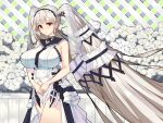  1girl 47_hard absurdly_long_hair artist_name azur_lane black_choker black_neckwear black_sailor_collar bow_dress breasts choker clothing_cutout dress feather_dress flower formidable_(azur_lane) formidable_(timeless_classics)_(azur_lane) highres huge_breasts light_brown_hair long_hair looking_at_viewer navel_cutout official_alternate_costume red_eyes sailor_collar sleeveless sleeveless_dress solo twintails two-tone_dress two-tone_ribbon veil very_long_hair white_dress white_flower 