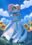  bonnet capelet closed_mouth cloud colored_skin commentary day flower from_below gardevoir gardevoir_(fashionable) gen_3_pokemon grass hand_on_headwear hand_up highres kikuyoshi_(tracco) looking_at_viewer orange_eyes outdoors pokemon pokemon_(game) pokemon_unite signature sky smile standing sunflower white_skin 