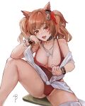  1girl :d absurdres angelina_(arknights) angelina_(summer_flowers)_(arknights) animal_ears areola_slip areolae arknights bangs bare_shoulders breasts brown_hair clothes_pull commentary_request fang fox_ears hair_between_eyes head_rest highres infection_monitor_(arknights) jewelry knee_up lan_xiezi large_breasts long_hair looking_at_viewer necklace off_shoulder official_alternate_costume one-piece_swimsuit open_mouth red_eyes red_swimsuit simple_background sitting skin_fang smile solo spaghetti_strap swimsuit swimsuit_pull thigh_strap thighs twintails white_background wrist_cuffs 