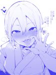  1girl :d blush cum_on_hands fellatio_gesture hair_between_eyes hand_up heart heart-shaped_pupils idolmaster idolmaster_cinderella_girls looking_at_viewer monochrome open_mouth purple_theme shiomi_syuko short_hair smile solo spoken_heart symbol-shaped_pupils takato_kurosuke translation_request upper_body 