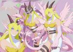  1girl adapted_costume angel_wings angewomon asymmetrical_clothes bare_shoulders blonde_hair blue_eyes breasts cleavage colored_sclera commentary covered_eyes digimon digimon_(creature) english_commentary fangs fusion gloves grey_background headwear_removed helmet hexed highres holydramon horns long_hair looking_to_the_side multiple_views multiple_wings pointy_ears red_sclera simple_background thigh_strap wing_ears winged_helmet wings 