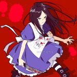  1girl absurdres alice:_madness_returns alice_(alice_in_wonderland) american_mcgee&#039;s_alice apron black_hair blood boots breasts commentary dress green_eyes highres jewelry jupiter_symbol knife long_hair naomig necklace pantyhose puffy_sleeves solo striped striped_legwear 