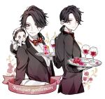  1boy aesop_carl black_hair bow bowtie button_eyes character_doll cup drinking_glass dual_wielding emily_dyer flower formal gloves hair_over_one_eye holding holding_tray identity_v kouri_(kyorosuukeeeeeee) long_sleeves maid pale_skin petals ponytail red_bow scar scar_on_face short_ponytail simple_background suit tray waiter white_background white_gloves wine_glass 