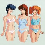  1980s_(style) 3girls arms_behind_back bangs blue_hair bra brown_hair cropped_legs hairband hand_on_another&#039;s_shoulder long_hair looking_at_viewer lowres midnight_anime_lemon_angel multiple_girls navel official_art open_mouth orange_hair retro_artstyle short_hair simple_background smile underwear underwear_only 