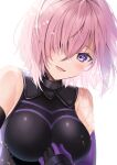  1girl bare_shoulders black_bodysuit black_gloves blush bodysuit breasts fate/grand_order fate_(series) gloves hair_over_one_eye highres large_breasts looking_at_viewer mash_kyrielight messy_hair open_mouth pink_hair purple_eyes purple_gloves short_hair simple_background smile solo two-tone_gloves white_background yunamaro 