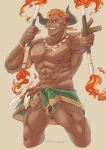  1boy abs anntee bara bare_pectorals blush cropped_legs dark-skinned_male dark_skin draph facial_hair fire foreskin goatee granblue_fantasy highres lantana_(granblue_fantasy) large_pectorals male_focus male_pubic_hair mature_male muscular muscular_male navel nipples nude pectorals penis pointy_ears precum pubic_hair short_hair smile solo stomach thick_thighs thighs tooth_necklace tribal uncensored 