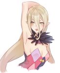  1girl :p arm_up armpits blonde_hair breasts feathers green_eyes magilou_(tales) pointy_ears slit_pupils small_breasts solo strapless tales_of_(series) tales_of_berseria tongue tongue_out tubetop tusia 