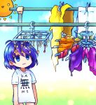  1girl :3 bangs blue_eyes blue_hair blue_sky closed_mouth clothes_writing cloud commentary drying drying_clothes eyebrows_visible_through_hair highres looking_at_viewer outdoors patchwork_clothes pote_(ptkan) shirt short_hair short_sleeves sky smile solo standing sun symbol-only_commentary t-shirt tenkyuu_chimata touhou white_shirt 