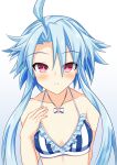  1girl bare_shoulders bikini blue_hair blush breasts choujigen_game_neptune_the_animation cleavage frilled_bikini frills frown hair_between_eyes hand_up highres kyou looking_at_viewer neptune_(series) power_symbol red_eyes sidelocks small_breasts solo striped striped_bikini swimsuit symbol-shaped_pupils upper_body vertical-striped_bikini vertical_stripes white_heart 