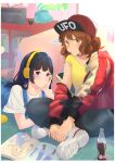  2girls absurdres bangs baseball_cap black_hair blush book bookshelf bottle brown_eyes brown_hair closed_mouth collarbone crossed_arms food food_in_mouth glasses grey_pants hat headphones hibike!_euphonium highres indoors jacket kousaka_reina long_hair long_sleeves looking_at_viewer multiple_girls oumae_kumiko overalls pants phone pocky purple_eyes ratifuu red_headwear red_jacket shirt shoes short_hair short_sleeves sitting sneakers soda_bottle stereo white_footwear white_shirt yellow_shirt 