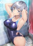  1girl armpits arms_behind_head ass bathroom blue_eyes blue_swimsuit blush breasts breasts_apart character_request collarbone commentary_request competition_swimsuit copyright_request eyebrows_visible_through_hair from_side gentsuki highres large_breasts looking_at_viewer looking_to_the_side one-piece_swimsuit original shiny shiny_hair shiny_swimsuit shower_(place) shower_curtain showering silver_hair solo swimsuit tile_wall tiles twintails water_drop wet wet_hair 