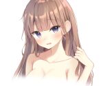  1girl bangs blush breasts brown_hair collarbone commentary_request eyebrows_visible_through_hair hand_up highres long_hair looking_at_viewer medium_breasts nude open_mouth original purple_eyes sashima simple_background solo upper_body wavy_mouth white_background 