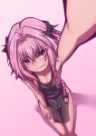  1boy absurdres alternate_costume apron astolfo_(fate) blush bulge fate/apocrypha fate/grand_order fate_(series) from_above hair_ornament hej highres long_hair looking_at_viewer male_focus naked_apron otoko_no_ko pink_background pink_hair purple_eyes ribbon simple_background solo 