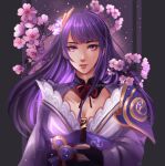  1girl armor artist_name bangs black_background branch breasts cherry_blossoms cleavage closed_mouth commentary english_commentary flower genshin_impact hair_ornament highres holding holding_sword holding_weapon japanese_clothes kimono long_hair looking_at_viewer medium_breasts mitsudomoe_(shape) mole mole_under_eye purple_background purple_eyes purple_flower purple_hair raiden_(genshin_impact) ribbon sash schereas shoulder_armor simple_background solo sword tomoe_(symbol) weapon 