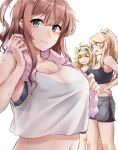  3girls absurdres alternate_hairstyle bike_shorts black_shorts blonde_hair blue_eyes blush breasts brown_hair cleavage closed_eyes closed_mouth collarbone commentary_request dolphin_shorts eyebrows_visible_through_hair gambier_bay_(kancolle) hair_between_eyes headband highres iowa_(kancolle) kantai_collection kiritto large_breasts long_hair looking_at_viewer midriff multiple_girls open_mouth pink_towel ponytail saratoga_(kancolle) shorts side_ponytail simple_background smile sweat tank_top towel towel_around_neck white_background white_tank_top 
