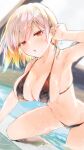  1girl :o all_fours arm_up bangs bare_shoulders bikini black_bikini blurry blurry_background blush breasts cleavage collarbone commentary_request dutch_angle glint hair_tucking halterneck hanging_breasts highres large_breasts looking_at_viewer medium_hair multicolored_hair navel open_mouth original pool red_eyes short_hair silver_hair solo swimsuit thighs tomozero wet 