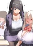 3girls black_hair bow bowtie bra breasts button_gap buttons cleavage commentary_request drooling kaisen_chuui large_breasts looking_at_another multiple_girls open_mouth original pantyhose pencil_skirt purple_eyes purple_skirt red_neckwear saliva shirt short_hair simple_background skirt sleeping staring teacher teacher_and_student underwear vest white_background white_hair white_shirt 