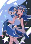  1girl :d bangs bare_arms blue_dress blue_eyes blue_gloves blue_hair blush bow clothes_lift commentary_request crescent crescent_hair_ornament dawn_(pokemon) dress dress_lift eyelashes floating_hair gen_4_pokemon gloves hair_ornament highres hinann_bot knees knees_together_feet_apart lifted_by_self on_shoulder open_mouth piplup pokemon pokemon_(anime) pokemon_(creature) pokemon_on_shoulder pokemon_swsh_(anime) shiny shiny_hair sleeveless sleeveless_dress smile solo sparkle star_(symbol) tongue upper_teeth 