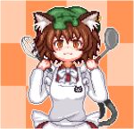  1girl animal_ear_fluff animal_ears animal_print apron bangs bow bowtie brown_eyes brown_hair cat_ears cat_print cat_tail checkered checkered_background chen closed_mouth dress earrings eyebrows_visible_through_hair green_headwear hat holding holding_ladle holding_spatula jewelry ladle long_sleeves looking_at_viewer lowres mob_cap multiple_tails nekomata orange_background pixel_art red_dress short_hair single_earring smile solo spatula symbol-only_commentary tail touhou two_tails unk_kyouso upper_body white_apron white_bow white_neckwear 