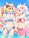  2girls absurdres ahoge animal_ears bell bikini blonde_hair blue_eyes blue_sky bow bow_panties bra breasts cat_ears cat_girl cat_tail cleavage cloud collarbone commentary day drill_hair eye_contact eyewear_on_head fox_ears fox_girl fox_tail hair_bow highres holding_hands howan_(show_by_rock!!) jingle_bell light_blush long_hair looking_at_another machikado mashima_himeko_(show_by_rock!!) medium_breasts multicolored_hair multiple_girls navel ocean open_mouth outdoors panties partially_submerged pink_hair purple_eyes short_hair show_by_rock!! skirt sky smile sunglasses sunlight swimsuit tail twintails underwear very_long_hair wet white_hair yuri 