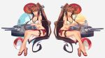  1girl ball bangs barefoot beachball bikini bottle breasts brown_eyes brown_hair cleavage closed_mouth collarbone commentary_request contrast eyebrows_visible_through_hair flip-flops flower hair_between_eyes hair_flower hair_ornament headgear highres kantai_collection kasumi_(skchkko) large_breasts legs long_hair machinery multiple_views oil-paper_umbrella open_mouth pink_flower ponytail ramune red_sarong red_umbrella rigging sandals sarong simple_background smile swimsuit turret umbrella very_long_hair white_bikini yamato_(kancolle) 