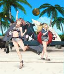  2girls aircraft airplane annin_musou ball barefoot bikini blonde_hair blue_eyes blue_shirt blush brown_hair closed_eyes day eyebrows_visible_through_hair f6f_hellcat food gambier_bay_(kancolle) grey_bikini hair_between_eyes highres holding holding_food ice_cream innertube jewelry kantai_collection long_hair multiple_girls navel necklace open_mouth palm_tree sandals saratoga_(kancolle) shirt short_sleeves shorts side_ponytail smile swimsuit tree twintails white_shorts 