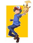  1boy 32890_(artist) alternate_color ash_ketchum bangs baseball_cap black_hair blue_shirt brown_eyes brown_footwear buttons clenched_hands closed_mouth collared_shirt commentary cosplay fingerless_gloves gen_1_pokemon gloves hat highres male_focus outline pants pikachu plaid pokemon pokemon_(anime) pokemon_(game) pokemon_on_arm pokemon_swsh shirt shoes short_hair smile torn_clothes torn_pants victor_(pokemon) victor_(pokemon)_(cosplay) 