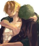  2boys bandages blonde_hair celeboom closed_eyes closed_mouth facial_hair goatee grabbing green_hair hair_over_one_eye head_on_another&#039;s_shoulder highres hug hug_from_behind male_focus multiple_boys one_piece open_clothes open_shirt pectoral_grab roronoa_zoro sanji short_hair sideburns toned toned_male upper_body yaoi 