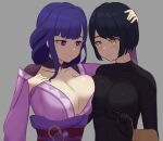  2girls asymmetrical_docking bangs black_hair bodysuit breast_press breasts cleavage closed_mouth collarbone english_commentary genshin_impact grey_background hand_on_another&#039;s_head hand_on_own_chest highres japanese_clothes kimono kujou_sara large_breasts long_hair mole mole_under_eye multiple_girls purple_eyes purple_hair raiden_(genshin_impact) ribbon sash short_hair simple_background taiko_bo yellow_eyes yuri 