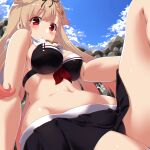  1girl bangs bikini black_bikini black_ribbon blonde_hair blue_sky breasts closed_mouth cloud dated dd_(ijigendd) eyebrows_visible_through_hair hair_flaps hair_ornament hair_ribbon hairclip highres kantai_collection large_breasts long_hair looking_at_viewer outdoors red_eyes remodel_(kantai_collection) ribbon scarf sky smile solo swimsuit white_scarf yuudachi_(kancolle) 