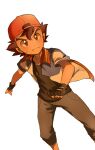  1boy 32890_(artist) ash_ketchum backwards_hat bangs baseball_cap black_gloves blush brown_eyes brown_hair capri_pants closed_mouth commentary dirty dirty_face fingerless_gloves frown gloves grey_pants hat highres jacket male_focus open_clothes open_jacket pants pokemon pokemon_(anime) pokemon_m21 shirt short_hair short_sleeves simple_background solo white_background 