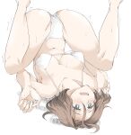  1girl azumi_(girls_und_panzer) bangs bikini blue_eyes blush bright_pupils brown_hair commentary_request elf_(stroll_in_the_woods) folded from_above girls_und_panzer halterneck highres legs_up looking_at_viewer lying medium_hair navel on_back open_mouth parted_bangs short_hair smile solo spread_legs string_bikini sweat swimsuit textless trembling upside-down white_background white_bikini white_pupils 