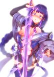  1girl absurdres armor bangs blush braid breasts bridal_gauntlets commentary_request electricity energy_sword eyebrows_visible_through_hair genshin_impact highres holding holding_sword holding_weapon japanese_clothes junyakun0405 katana kimono large_breasts long_hair long_sleeves open_mouth purple_eyes purple_hair purple_nails raiden_(genshin_impact) ribbon sash shoulder_armor simple_background solo sword thighhighs torn_clothes weapon white_background wide_sleeves 