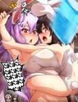  4girls animal_ears arguing armpits ass bangs black_hair blunt_bangs blush breasts commentary_request emphasis_lines floppy_ears food hat highres houraisan_kaguya inaba_tewi large_breasts light_purple_hair long_hair looking_at_another multiple_girls naked_towel notice_lines nurse_cap open_mouth peso_(cheese_company) popsicle popsicle_stick rabbit_ears rabbit_tail red_cross red_eyes reisen_udongein_inaba short_hair small_breasts tackle tail touhou towel translation_request upper_body white_towel yagokoro_eirin 