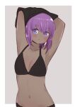  1girl absurdres armpits arms_up black_bra black_panties black_shirt bra breasts collarbone dark-skinned_female dark_skin fate/prototype fate/prototype:_fragments_of_blue_and_silver fate_(series) grey_background hassan_of_serenity_(fate) highres i.u.y navel panties purple_eyes purple_hair shirt small_breasts solo two-tone_background underwear underwear_only undressing white_background 