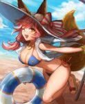  1girl animal_ears bangs bare_legs beach bikini blue_bikini blue_sky breasts cloud commentary fate/grand_order fate_(series) fox_ears fox_tail halterneck hat holding holding_lifebuoy large_breasts lifebuoy long_hair looking_at_viewer nima_(niru54) ocean one_eye_closed open_mouth orange_eyes pink_hair ponytail ribbon sandals shirt side-tie_bikini side_ponytail sky smile solo standing standing_on_one_leg stomach string_bikini swimsuit tail tamamo_(fate) tamamo_no_mae_(swimsuit_lancer)_(fate) 