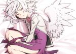  1girl absurdres arm_between_legs beige_jacket black_panties bow bowtie commentary_request dress feathered_wings feet_out_of_frame frown grey_hair highres kawayabug kishin_sagume long_sleeves looking_at_viewer lying medium_hair on_side panties panty_peek purple_dress red_eyes red_neckwear single_wing solo touhou underwear wings 