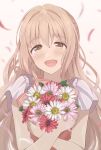  1girl :d bouquet brown_eyes brown_hair commentary_request duffy eyebrows_visible_through_hair flower hair_between_eyes highres holding holding_bouquet idolmaster idolmaster_cinderella_girls looking_at_viewer open_mouth saionji_kotoka short_sleeves smile solo thick_eyebrows 